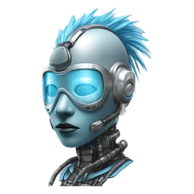 Light blue Mohawk female cyborg head with silver respirator mask and circuits sticker