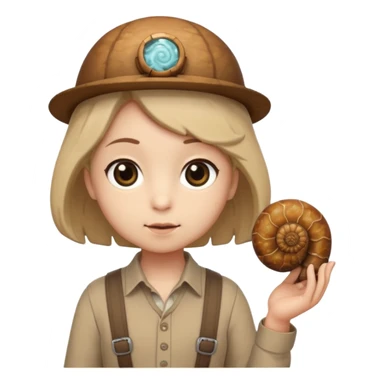 Shelly has a small, chibi-style body with a large ammonite-shaped head that looks like a beige fossil shell. One side of her head has a dark opening, making it clear she isn’t human. Her face is simple and soft, with big round eyes. She wears a brown suspender outfit over a lighter shirt sticker