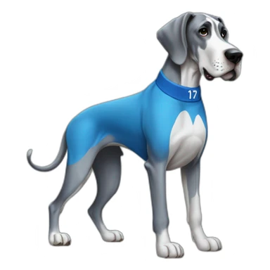 A great dane wearing a blue jersey with number 17 sticker