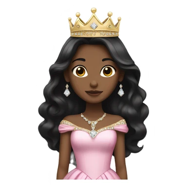 princess with black long hair, pink gown, gold crown, white skin, diamonds sticker