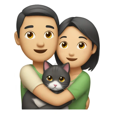Asian Couple hugging each other with a cat sticker