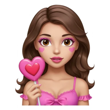 girl with long wavy brown hair, brown eyes, long lashes makeup, sexy pink lips, light to medium complexion, wearing a pink sexy top,, heart lillipop sticker