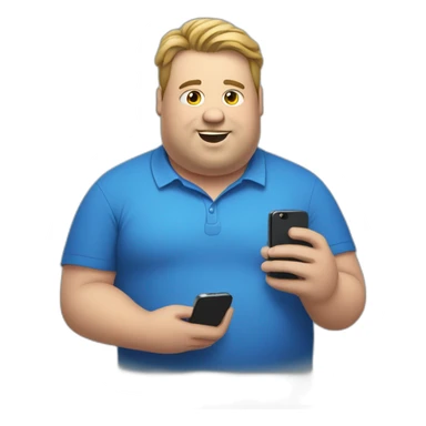 fat man in a blue shirt holding a phone sticker