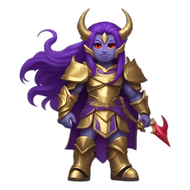 Humanoid with bright purple skin color, red eyes, pointed ears and Oni horns, has long straight brown hair, and wears royal gold armor sticker