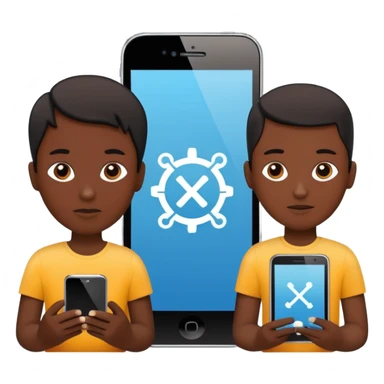 Minimalistic flat vector icon, iOS style, thin black contour on white background. Three small developer silhouettes around a smartphone with code brackets <>. Clean, no text, no shadows. sticker