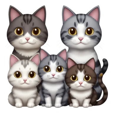 4 different coloured short haired cats including; a dark brown and white cat, and a dark grey and white  sticker