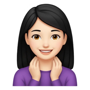 a girl with hands on her neck black hair and smiling sticker