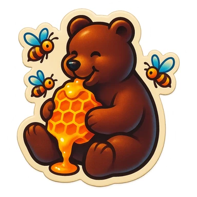 bear eating honeycomb with bees flying around sticker