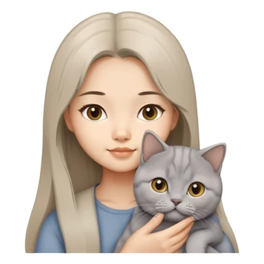 Asian girl beige long hair holding grey British short hair cat sticker