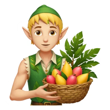 elf male Sleeveless vest with palm-leaf print, basket of exotic fruits (mango/lychee), sunburned nose. sticker