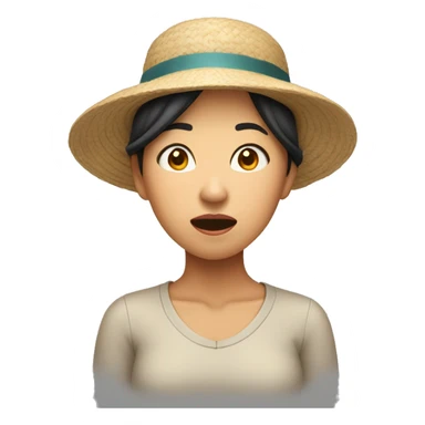 Astonished Asian woman wearing hat, one hand on her forehead sticker