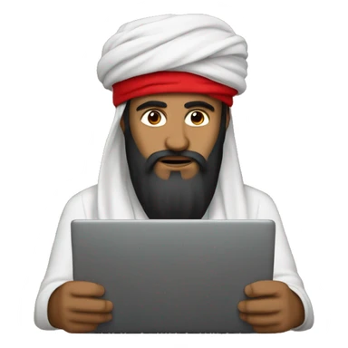 A caliph with turban and red clothes writing in a laptop sticker