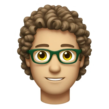 Caucasian male, shoulder length curly brown hair, green eyes, brown glasses, stubble sticker