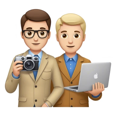 2 people, one is holdig a camera and the other is holdig a laptop, white people, owning a marketing agency, attractive men sticker