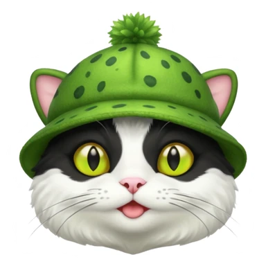 Black and white cat with a frog-shaped hat sticker