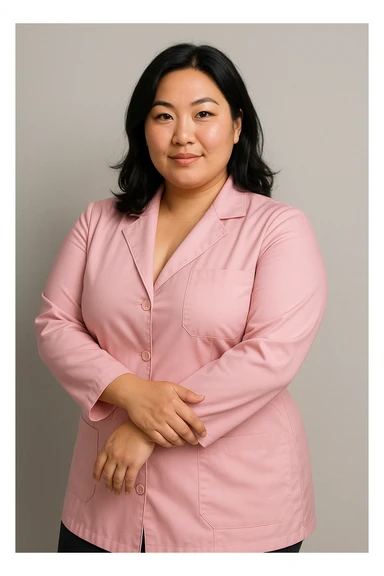 A beautiful white woman, Asian style, with black hair and a pink lab coat, posing confidently, slightly curvy. sticker