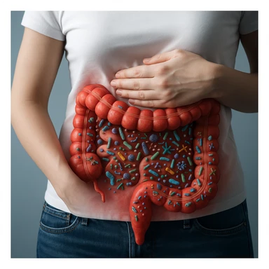 Hyperrealistic 4K anatomical section of a female body, in a similar position to the reference image, intestine without parasites but with dysbiosis: varied bacteria and microorganisms, reddened and inflamed walls, clinical atmosphere. sticker