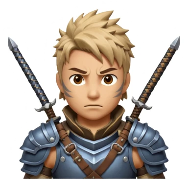 fantastic monster hunter warrior portrait, head and shoulders only, metal shoulder armor, sword strap visible, battle-worn look, intense expression, 3D cartoon, mobile game icon style, clean background, no text, no watermark
 sticker