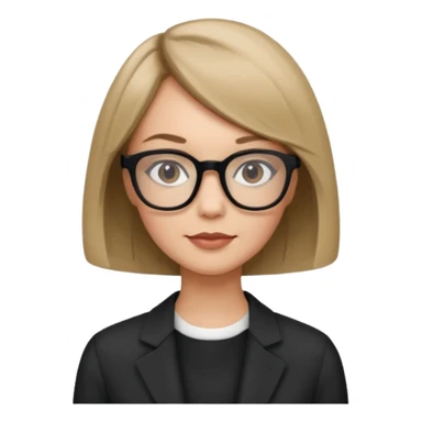 woman dark blonde petite bob haircut wears dark squarish glasses, classic clothes sticker
