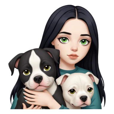 billie eilish long black hair dark eyeliner makeup, holding pitbull dog sticker