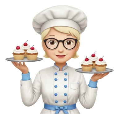Older female pastry chef – round glasses, oven mitts on, holding a tray of cupcakes

 sticker
