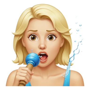 blond woman biting a wide skin-tone stick with a round knob, water jet shooting from the knob into her mouth, surprised look sticker