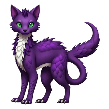 Kawaii dark edgy dark deep purplish with dark green eyes fantasy feline-vernid-sergal-fursona animal creature with a tufted tail full body with intricate markings  sticker