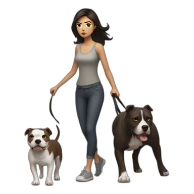 a woman with dark hair is angry and walks with a pitbull sticker