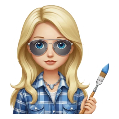 girl with long blond hair, wearing plaid shirt with blue eyes and aviator sunglasses wearing a ring on her silver necklace, holding a wide paintbrush sticker
