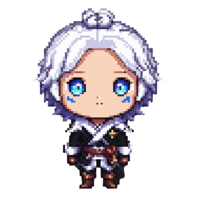 Skirk from Genshin Impact with wide eyes, pixel art style sticker