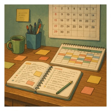 Productivity, organization, desk, notes, calendar, schedule sticker