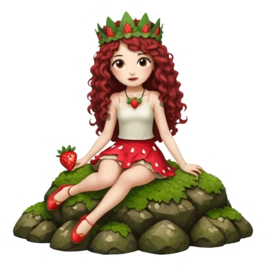 full body woman long curly brown hair brown eyes white skin tattoos sitting on moss rock wearing strawberry crown and short petal skirt sticker