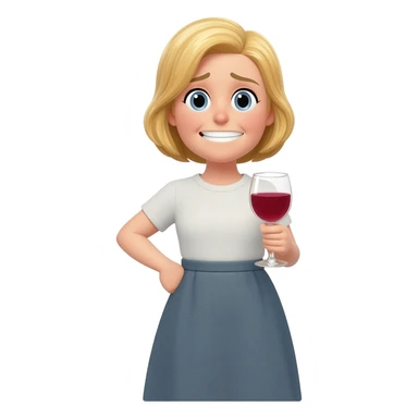 Happy girl, blond girl, mum, party vibe with ha skirt, with a glass of red wine and tired sticker