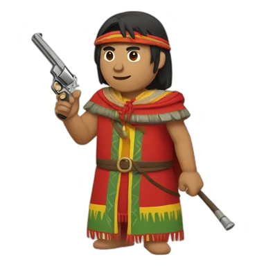 An Inca man, neck-length black hair, wearing a Red headband and wearing a red poncho (with yellow, green and red lines) and holding a pistol sticker
