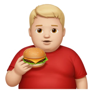 fat boy eating burger wearing red T-shirt sticker