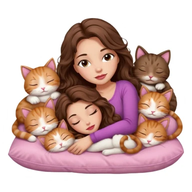 girl with long wavy brown hair, brown eyes, long lashes makeup, sexy pink lips, light to medium complexion,  sleeping on a cozy pillow, with 6 cute cats, sleeping sticker
