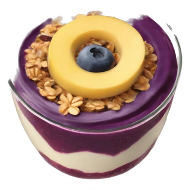 Açaí in a clear cup with layers of fruits and granola and condensed milk sticker