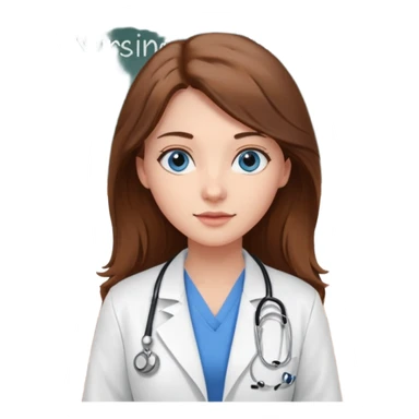 university classroom that says nursing school on the board with a pretty female nursing student with long brown hair, blue eyes sticker