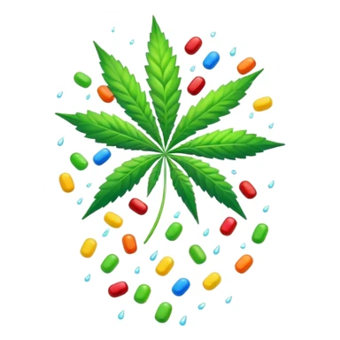colorful candy raining down with green cannabis leaf in the center sticker