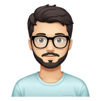 young adult man with light skin, short beard, dark wavy hair, relaxed expression, very wide rectangular glasses with thick black acetate frame and thick double bridge, retro oversized style, colorful open shirt and white t-shirt sticker