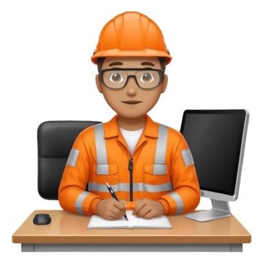 man in orange reflective safety overalls sitting at a desk sticker