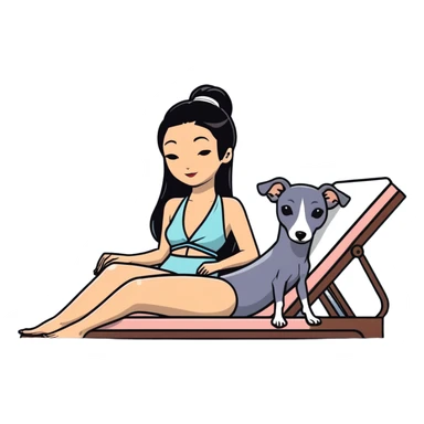 Very thin and slim Chinese woman with long black hair in elegant pool attire relaxing on a comfortable spa lounger at a luxury spa pool with her Italian greyhound that is COMPLETELY solid dark grey with ABSOLUTELY ZERO white markings anywhere - 100% uniform dark grey color only - also relaxing on a lounger sticker