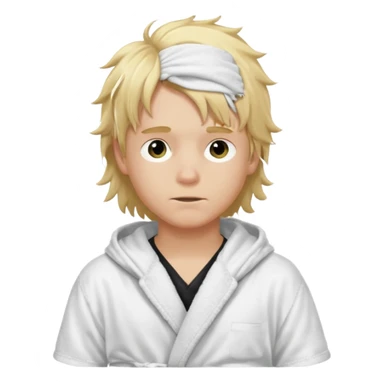 Create a blond boy with long, messy hair, light eyes, a white t-shirt, rich, with long hair, blue eyes, medium-length, voluminous hair, wearing a black Nike bathrobe and a little blush near his nose. and with a balaclava sticker