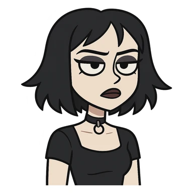goth girl, pale skin, black hair, dark makeup, choker, moody expression, modern cartoon style sticker