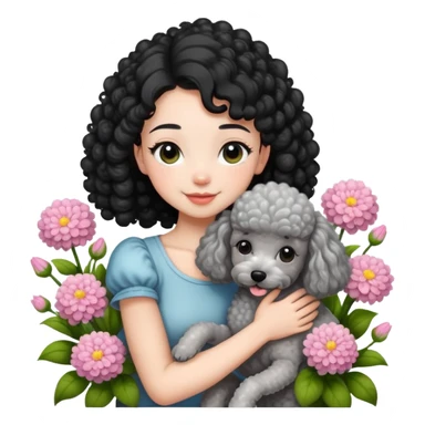A beautiful girl with black ponytail and short sleeves happily hugs a gray curly poodle in the flowers sticker