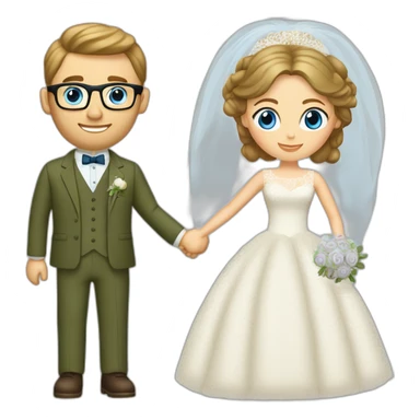 Wedding couple. Bride has brown hair pinned up. She wears lace dress. She has blue eyes. Groom has olive green suit and brown vest. He has blond hair. He wears glasses. He has blue eyes too. sticker