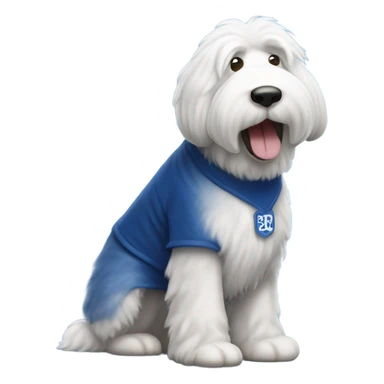 Old English Sheepdog full height wearing a dodgers shirt sticker