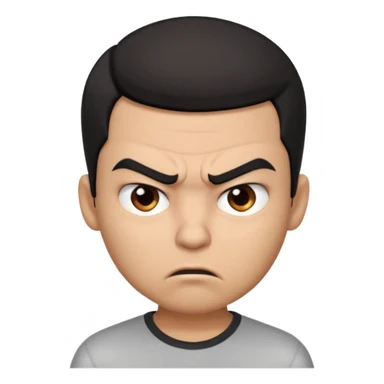 Create a 3D cartoon-style boy character with light brown skin, short straight black hair swept to one side covering part of his forehead, and an angry or annoyed expression. Sharp eyebrows, narrowed eyes, and lips pressed in irritation. sticker