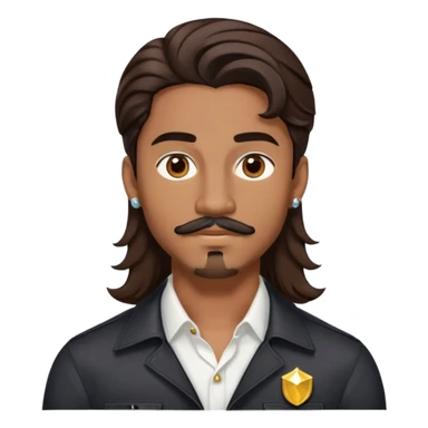 Young man with medium brown skin, mixed-race ethnicity, long wavy dark brown hair with an EXTREMELY PRECISE CENTER PART exactly aligned with the middle of the face, hair parted perfectly symmetrically on both sides, mustache separated from goatee, medium brown eyes, small diamond stud earrings, head only sticker