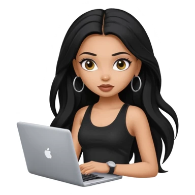a pretty bratz dusky girl with long black hair, kajal under eyes, small silver hoop. black tank top on. laptop in hand sticker